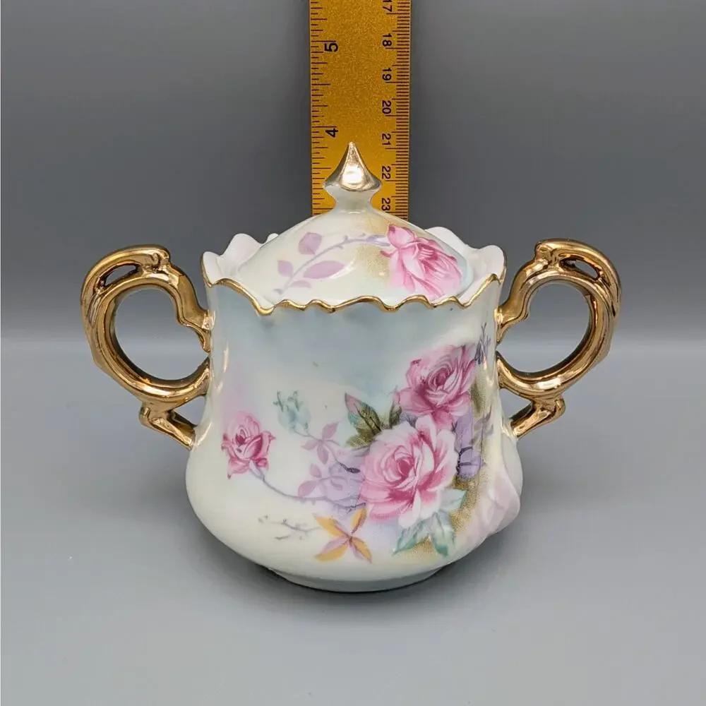 Vintage Lefton China Pink Rose Tea Set Teapot 6570 Sugar Creamer 6571 Gold Gilt